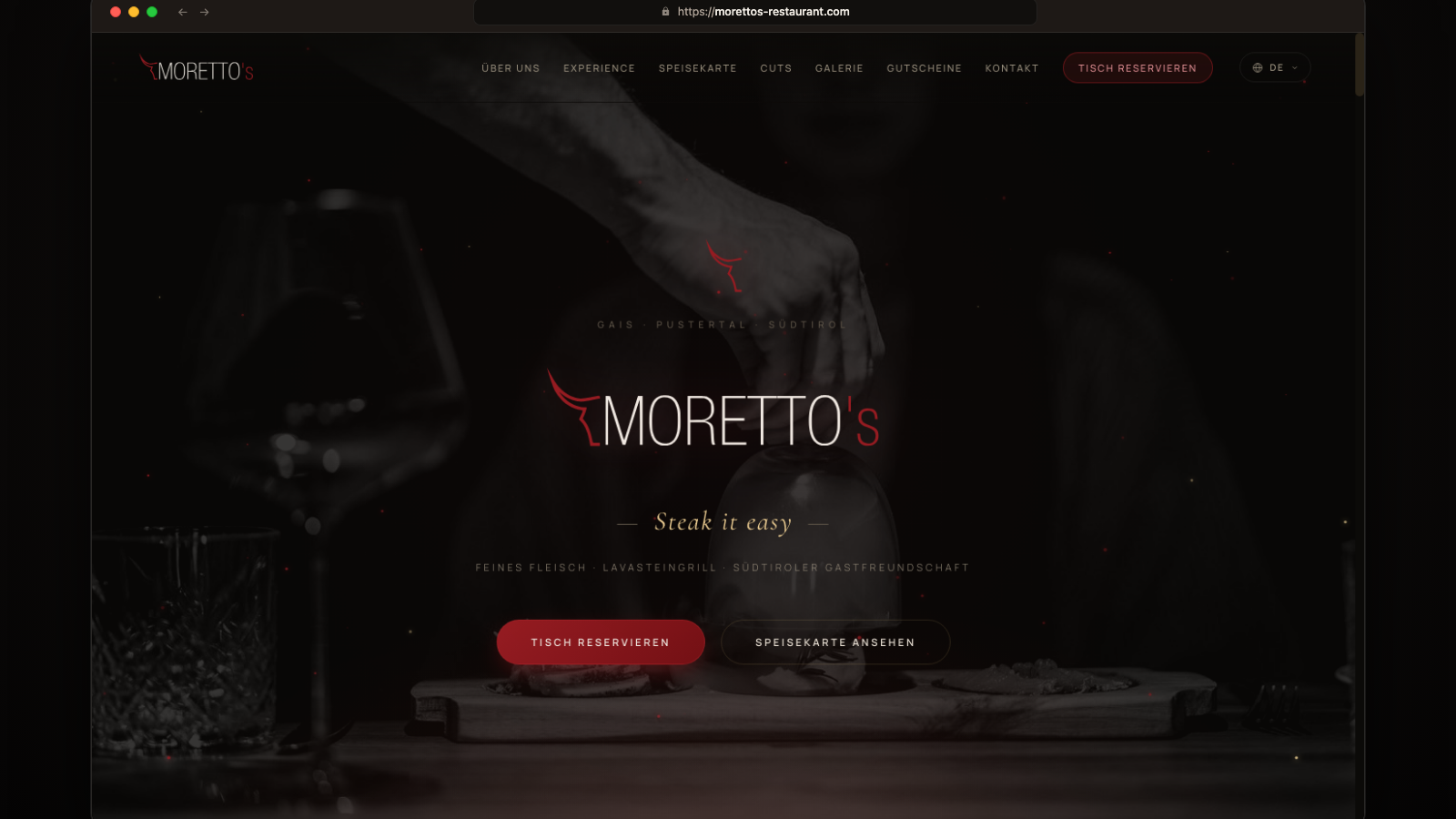 The new website of Moretto's Steakhouse in a browser mockup