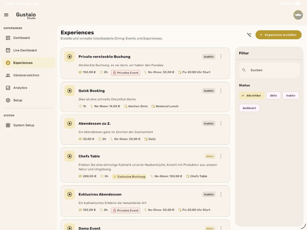 Gustaio Studio — all experience types in one view