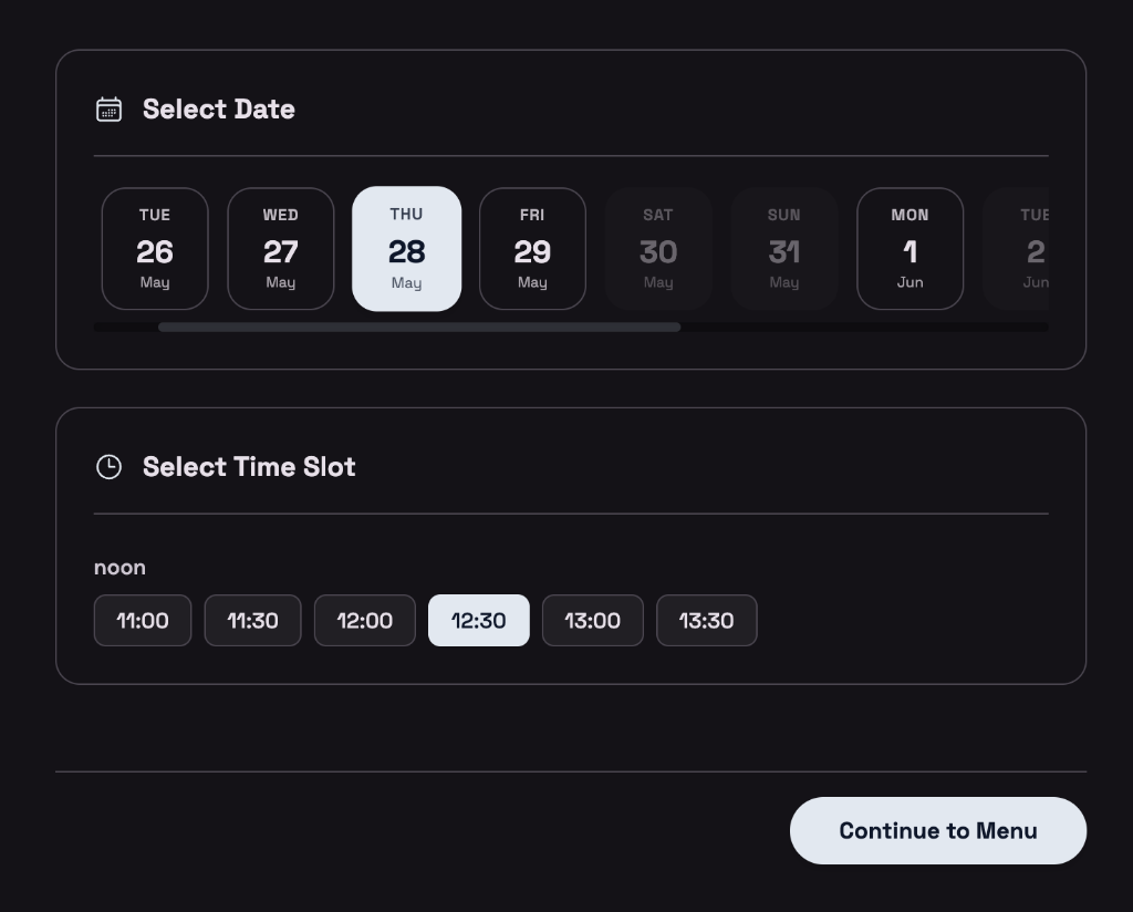Selecting date and time slot when ordering